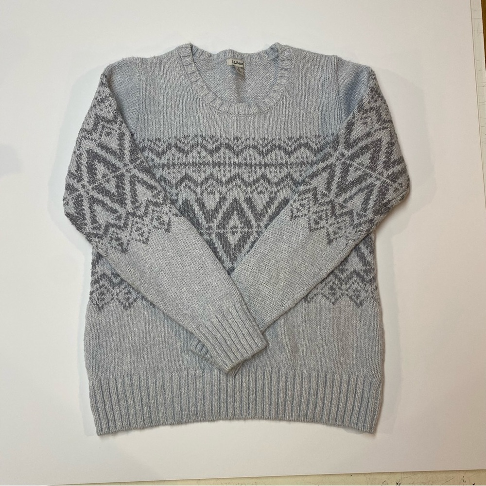 LL‎ BEAN CREW NECK SWEATER GREY 100% COTTON - SMALL PETITE FAIR ISLE COTTAGECORE